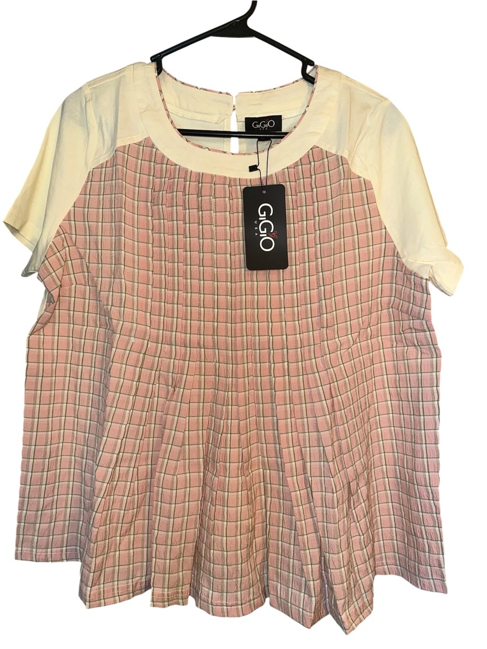 NWT! Gigio Pink Plaid SS Top w/Cream Yoke-Sz M
